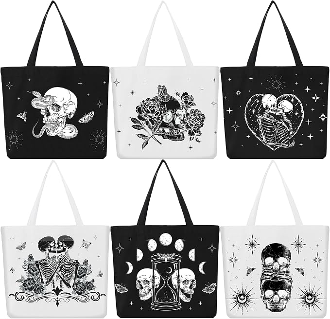 Bencailor 6 Pcs Halloween Canvas Tote Bags Bulk Gothic Skeleton Gift Bags - sugar skull handbags for sale