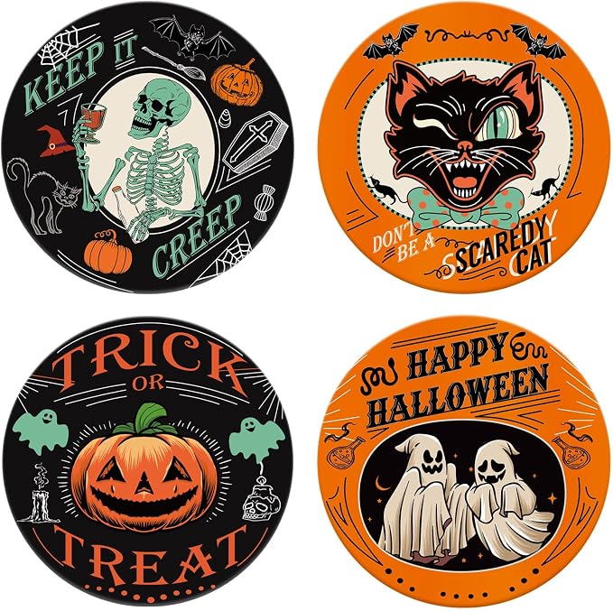 JarThenaAMCS 4 Pcs Halloween Coaster with Holder Pumpkin Ghost Black Cat Skeleton Anti Slip Cup Mat Black Orange Green Absorbent Ceramic Drink Coasters for Home Decor Table Protection - skull coaster