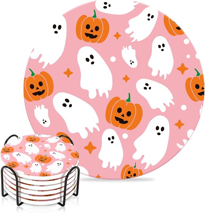 JarThenaAMCS 6 Pcs Halloween Coaster with Holder Pumpkin Ghost Anti Slip Cup Mat Pink White Orange Absorbent Ceramic Drink Coasters for Home Decor Table Protection - skull coaster