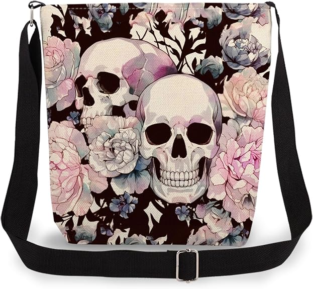 Floral Skull Double-sided Printed Messenger Bag -2 - sugar skull handbags for sale