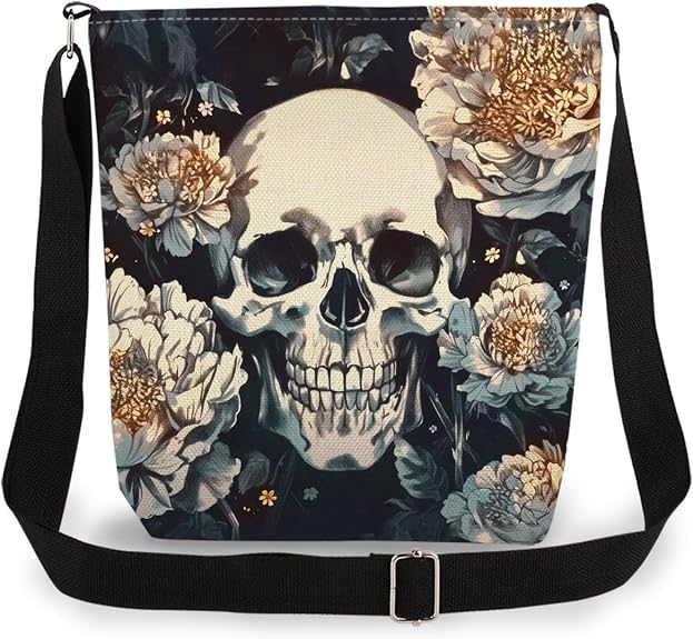 Floral Skull Double-sided Printed Messenger Bag - skull suitcase