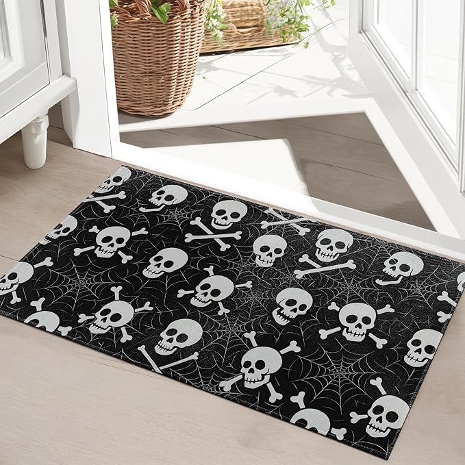 Skull and Crossbones Indoor Door Mat,Halloween Skeleton Spider Web Entryway Area Rug Front Doormats,Gothic 17x29.5 Inch Soft Non Woven Floor mats Doormat for Kitchen Bedroom Decor Gifts - skull door mat