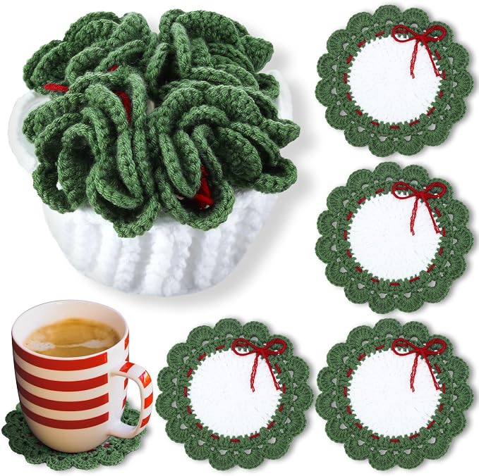5 Pcs Wreath Crochet Coaster Set with White Pot Storage Basket - skull coaster