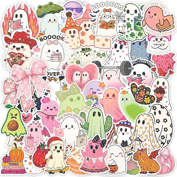 112 PCS Cute Ghost Stickers - Funny Halloween Holographic Stickers Waterproof Vinyl Decals, Suitable for Laptop, Water Bottle, Book, Gift Box, Birthday or Party Decorations, Ghost Party Favors - skull sticker