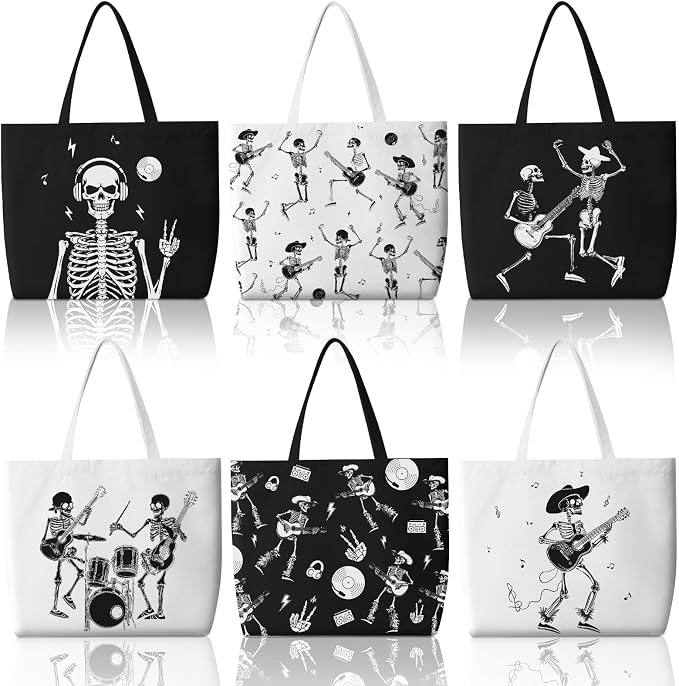 Bencailor 6 Pcs Halloween Canvas Tote Bags Bulk Gothic Skeleton Gift Bags - sugar skull handbags for sale