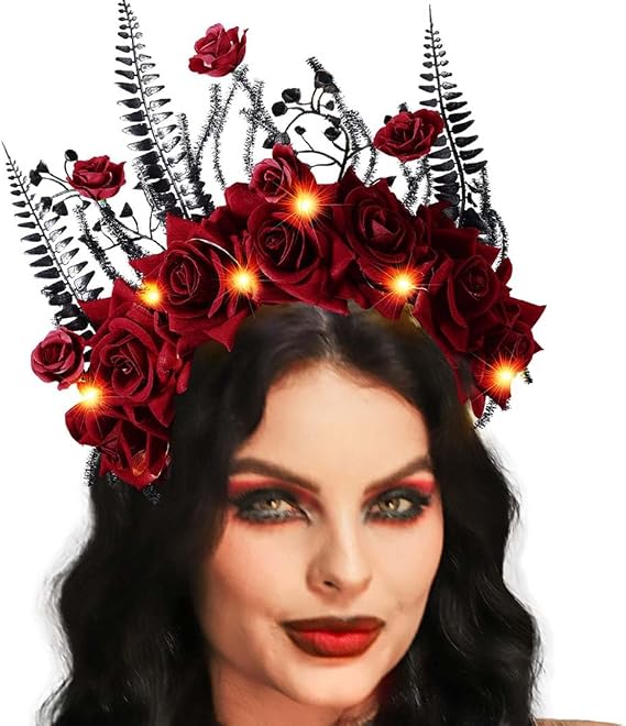 JAKAWIN Day of the Dead Headpiece Light Up Rose Halloween Headband - skull headband