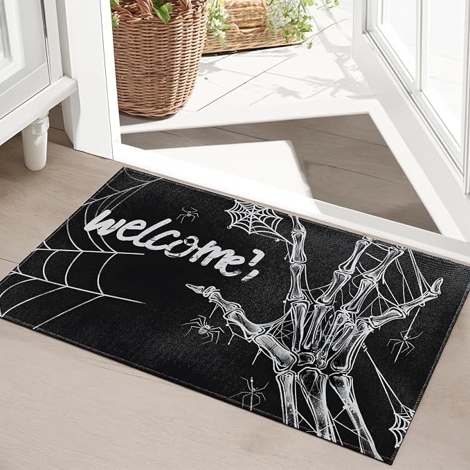 Skeleton Hand Indoor Door Mat,Skull Spider Web Welcome Entryway Area Rug Front Doormats,Spooky Halloween 17x29.5 Inch Soft Non Woven Floor Matsfor Porch Hallway Decor Gifts - skull floor mat