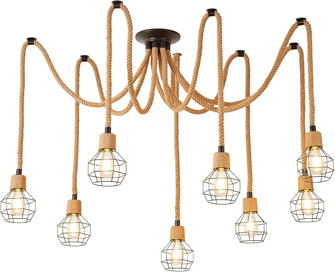 Spider Chandeliers, 8 Arms Industrial Spider Ceiling Light Fixture Hanging Hemp Rope DIY Adjustable 8-Light Steampunk Chandelier for Kitchen Island, Living Room, Entryway, Dining Room, Bar