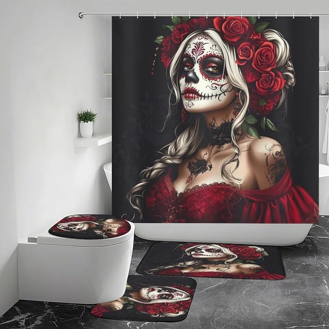 Day of The Dead Shower Curtains Set Bathroom Sets with Rugs (Bath Mat,U Shape and Toilet Lid Cover Mat) - skull toilet mat