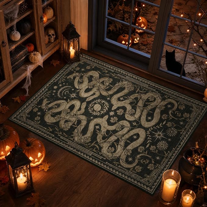 Snake Small Rug 2×3 Washable Door Mat Indoor Rugs for Entryway Non-Slip Gothic Witchy Fantasy Soft Low-Pile Thin Mat for Kitchen Bedroom Bathroom Dark Grey