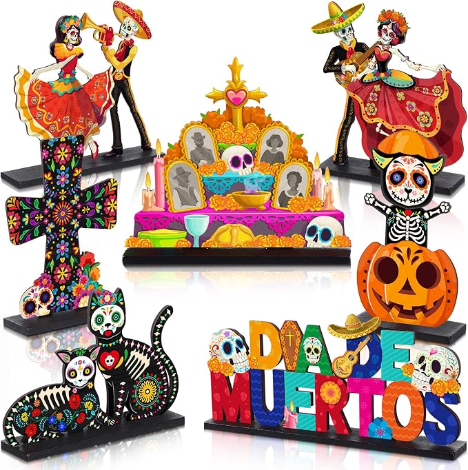 Capoda 7 Pcs Day of the Dead Table Centerpiece Dia De Los Muertos Decor - skull figurine