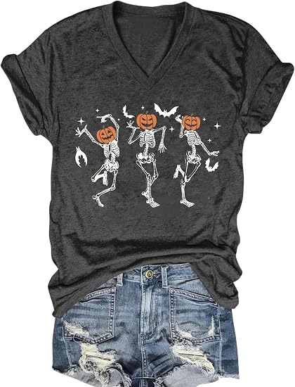 MQSVPUT Women's T-Shirts V-Neck Boho Flowers Wildflowers Tee Cute Summer Graphic Shirts Short Sleeve T Shirt - skull leggings