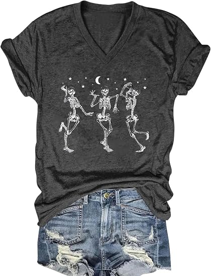 MQSVPUT Women's T-Shirts V-Neck Boho Flowers Wildflowers Tee Cute Summer Graphic Shirts Short Sleeve T Shirt - skull tshirt