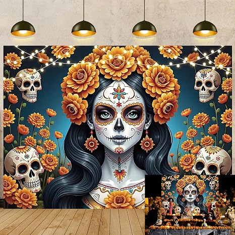 Dia De Los Muertos Backdrop Day of The Dead Marigold Flower Sugar Skull Mexican Fiesta Photography Background Halloween Home Altar Decorations Party Banner Supplies (7x5FT) - skull sticker