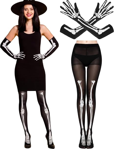 2 Pair Women Halloween Costume Skeleton Gloves Socks Set Spooky Bones Hosiery Gloves for Women Halloween Cosplay - sugar skull costume