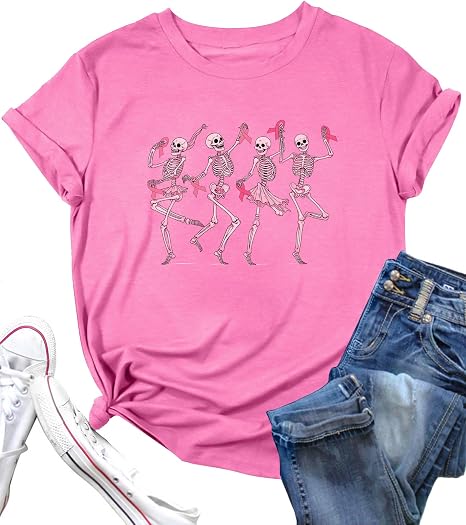 Breast Cancer Awareness Shirt Women Dancing Skeleton Halloween Shirt - skull tshirt