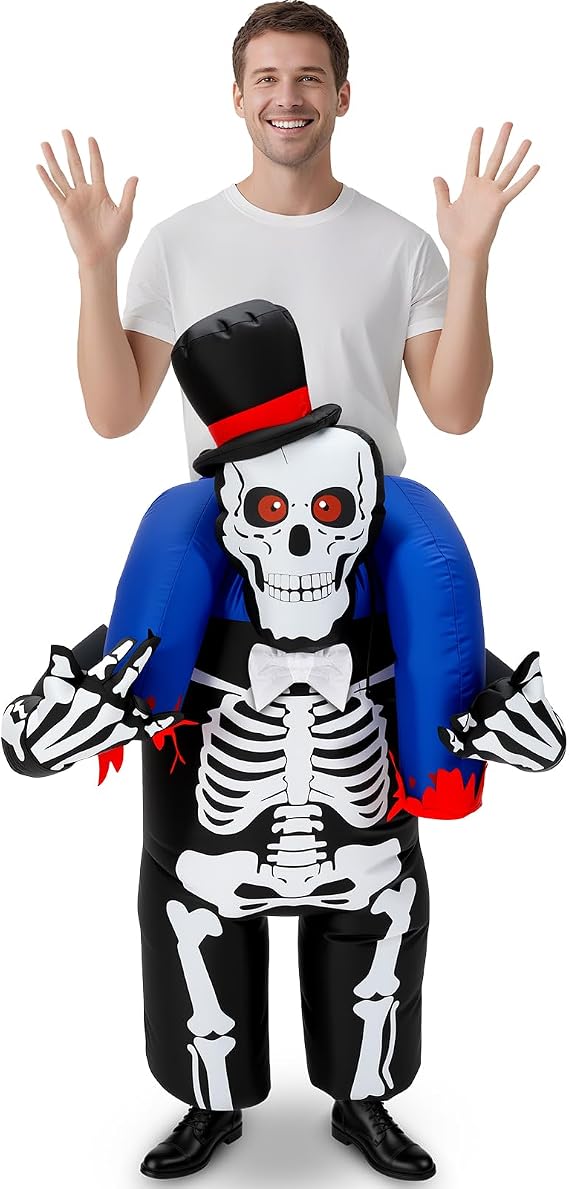 VioraWhite Inflatable Ride on Halloween Costume for Adult, Funny Blow up Ride on Suit Witch Clown Skeleton Werewolf Cosplay - skull inflatable