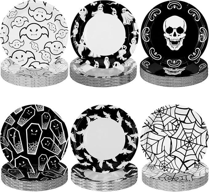 Fourluoo 96 Pcs Halloween Skeleton Paper Plates 7inch Halloween Party Favor - skull plate