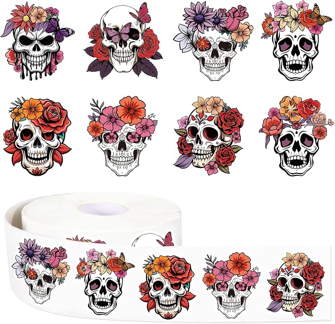 JarThenaAMCS 1000 Pcs Halloween Stickers Floral Skull Skeleton Paper Decals Mexican Day of The Dead Colorful Self-Adhesive Stickers for Envelopes Scrapbook Gifts DIY Party Favor Decor, 1.5 in - skull sticker