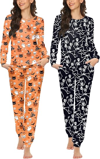 Ekouaer 2 Pack Pajama Sets for Women,Long Sleeve Top Jogger Pant Loungewear - skull pajamas