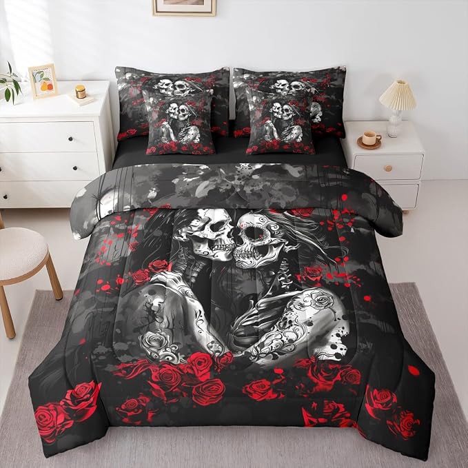 Erosebridal Sugar Skull Couple Queen 7 Piece Bedding Set Goth Romantic Red Rose Comforter Set with Sheets,Gothic White Skeleton Lovers Flower Love Heart Grey Black Bed in a Bag for Halloween Adults