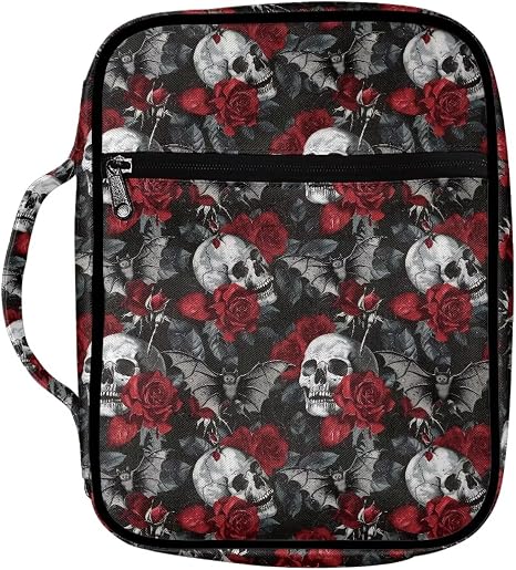 Halloween Skull Red Rose Bible Case for Women Men Lightweight Bible Bags and Totes Bible Accessories Portable Bible Carrying Case with Zipper Pocket Large Briefcase
