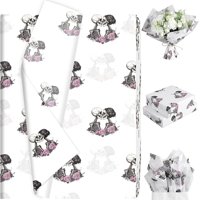 100 Sheets Gothic Skull and Rose Tissue Paper, Retro Skeleton Lovers Tissue Paper for Day of The Dead Gift Bags Fillers Halloween Fall Party Gift Wrapping Supplies, 13.8 x 19.7 Inch - skull toilet paper