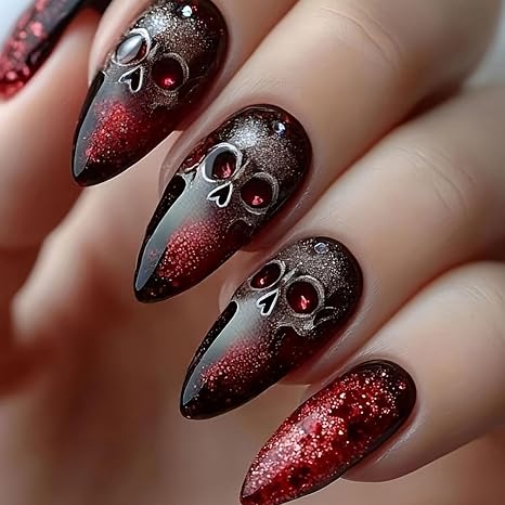 Halloween Press on Nails Medium Almond Fake Nails with Sugar Skull Designs Halloween Acrylic Nails Press ons Glossy Black Red Glue Stick on Nails for Women 24 Pcs - skull sticker