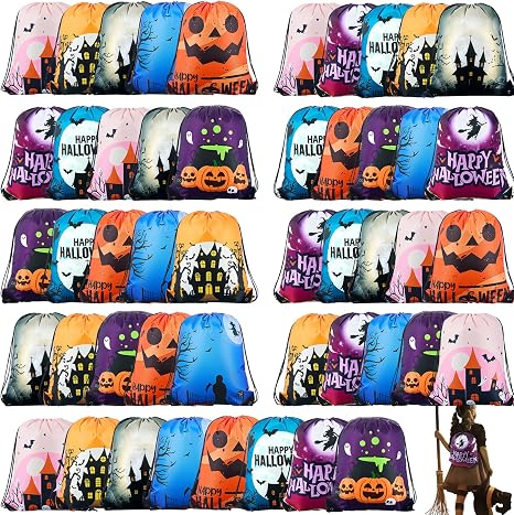 48 Pcs Large Halloween Drawstring Backpack Bag Bulk, Halloween Spooky - skull backpack