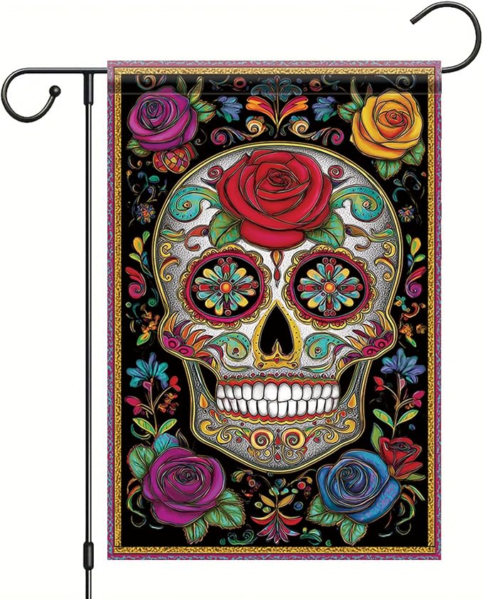 Day of the Dead Sugar Skull Garden Flag 12x18 Inch Double Sided Floral Skull Outdoor Yard Flag, Dia de los Muertos Halloween Gothic Mexican Rose Porch Farmhouse Decorations - skull figurine