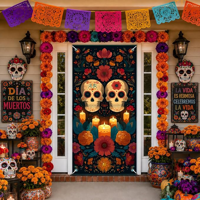 Day of the Dead Door Cover 71x35 Inch Sugar Skull Decor - skull door mat