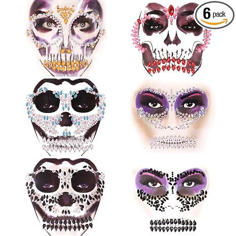 Erythem Skull Face Gems 6 Pack Day of the Dead Face Jewels Crystals Skeleton Face Gems for Halloween Festival Rave Party Makeup (Gold, Red, Blue, Black) - sugar skull makeup