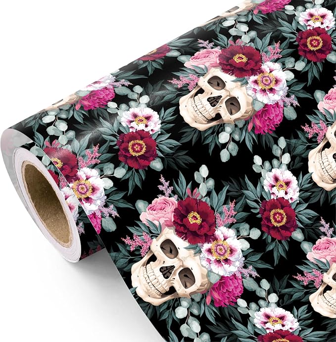 WRAPAHOLIC Halloween Wrapping Paper Roll - Mini Roll - 17 Inch x 16.5 Feet - Skull and Flowers Gothic Wrapping Paper for Halloween Decorations, Holiday, Party - skull toilet paper