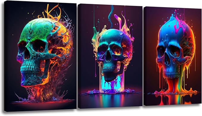 Pennimor 3Pc Framed Halloween Horror Colorful Skull Canvas Wall Art 12x16in - skull wall art