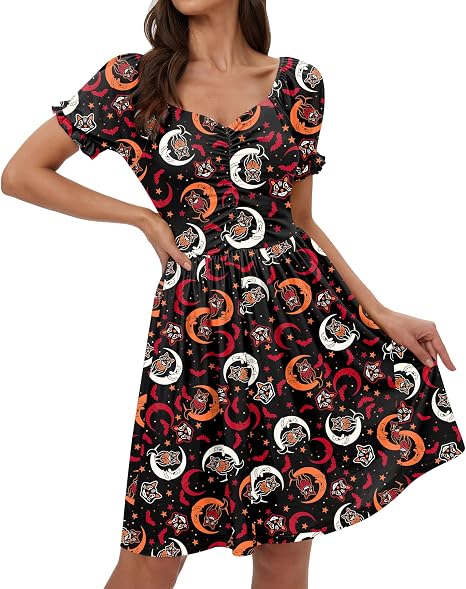 Women's Halloween Party Vintage Pleated Elegant Cap Sleeve Elastic Waistband Ruched Retro Mini Dress Red Bat Moon Cat L - sugar skull dress