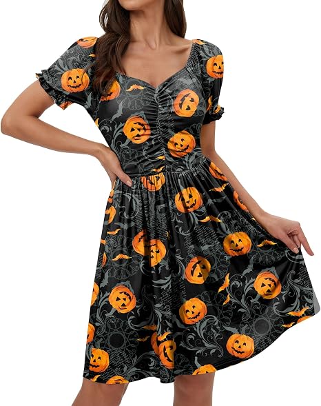 Women Halloween Party Vintage Pleated Elegant Puff Sleeve Sweetheart Neckline 1950s Retro Swing Dress Black Pumpkin XL - sugar skull dress