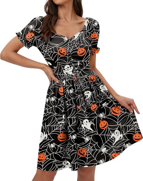 For G and PL Lady Halloween Elastic Puff Sleeve Sweetheart Neck Dresses Pleated Printed Casual Swing Dress Black Ghostly Spider Web L - sugar skull dress