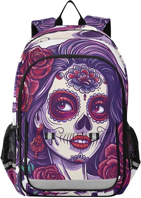 ALAZA Sugar Skull Girl with Roses Day Of The Dead School Backpacks Reflective Safety Backpack - skull backpack