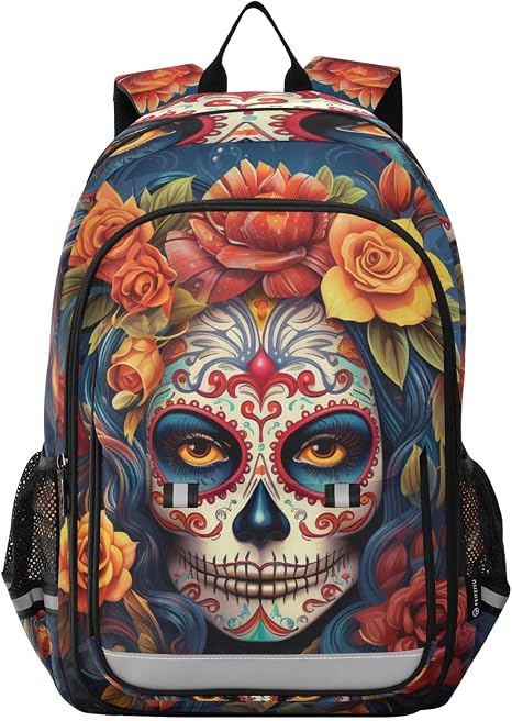 ALAZA Dia Muertos Mexican Day Of The Dead Girl Sugar Skull School Backpacks Reflective Safety Backpack - skull backpack