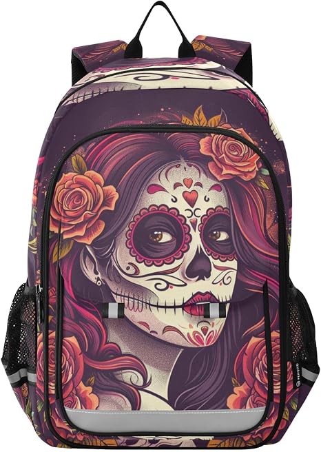 ALAZA Beautiful Sugar Skull Girl School Backpacks Reflective Safety Backpack - skull backpack