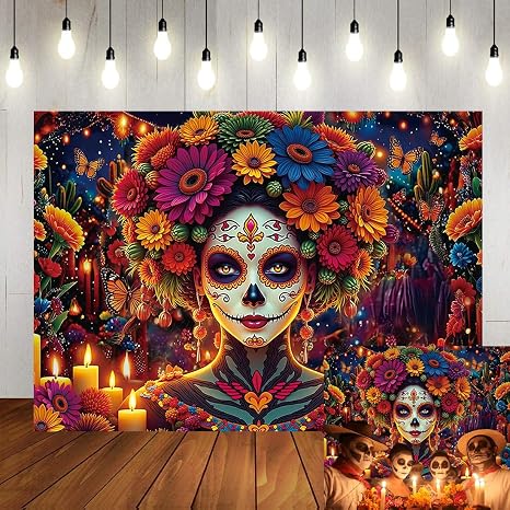 Day of the Dead Backdrop Mexican Fiesta Colorful Sugar Skull Woman Flowers Candles Photography Background Dia De Los Muertos Altar Ofrenda Party Decorations Supplies Fiesta Banner 7x5FT - skull carpet