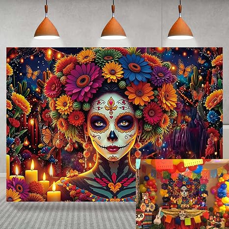Day of the Dead Backdrop Mexican Fiesta Colorful Sugar Skull Woman Flowers Candles Photography Background Dia De Los Muertos Altar Ofrenda Party Decorations Supplies Fiesta Banner 8x6FT - skull candle