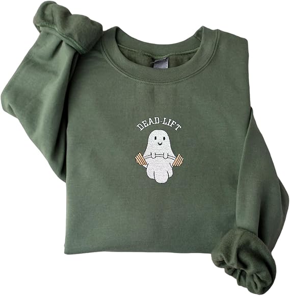 Embroidered Ghost Sweatshirt, Cute Ghost Dead Lift Sweatshirt, Halloween Crewneck, Spooky Season, Ghost Shirt - Military S - skull sweatshirts