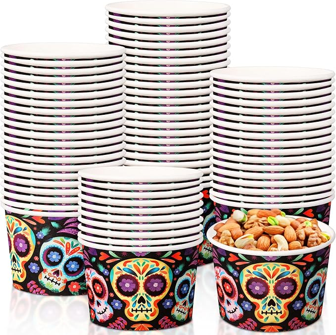 Potchen 50 Pack 9 oz Halloween Paper Soup Bowls, Day of the Dead - skull plate