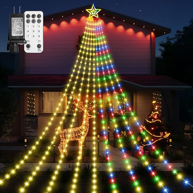 Christmas Decorations Star String Lights, 11.48ft 350LED Christmas Waterfall Tree Lights with 11 Modes Timer Remote, IP44 Waterproof for Indoor Outside Home Xmas Decor, Warm White&Multicolor - string light