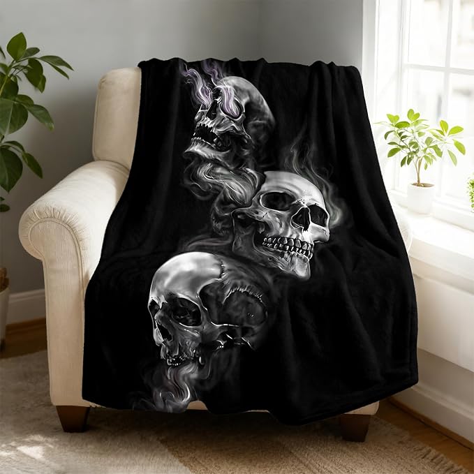 Black Skull Fleece Throw Blanket 50 x 60 inches for Couch Sofa Bed,Super Soft Cozy Plush Microfiber Flannel Blanket Lightweight for Women, Men and Kids - skull blanket