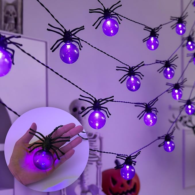 Large Spider Halloween String Lights, Purple LED Battery Powered with Timer - string light