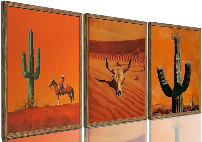 Framed Western Cowboy Canvas Wall Art Set of 3, Vintage Desert Cactus Pictures Wall Decor, Longhorn Bull Skull Paintings Prints Southwestern Home Decor for Living Room Bedroom 12×16 inch