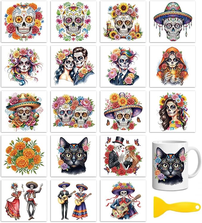 Peacoblue Day of the Dead Rub On Transfers for Craft, Transfer Sticker - skull sticker