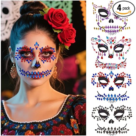 Halloween Face Jewels Temporary Tattoos – 4 Pack Day of the Death Rhinestone Skull Face Gems – Crystal Eye Glitter Stickers for Halloween Makeup, Cosplay & Horror Party Supplies (4 PCS)
